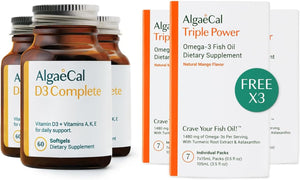 ALGAECAL D3 Complete - 3 Vitamin D3 (1000 IU) + K2, Vitamin E (50Mg), and Vitamin a (1000 IU) + 3 Free Triple Power Omega 3 Fish Oil 7 Single Serve