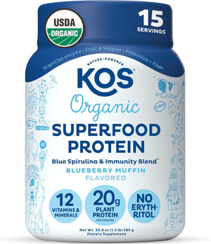 KOS Plant Based Protein Powder, Blueberry Muffin - Organic Pea Protein Superfood with Spirulina and Immune Support Blend. Soy, Gluten, Dairy Free - Vegan Meal Replacement for Women & Men - 15 Servings