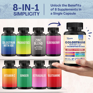 Bovine Colostrum Supplement Capsules, Grass Fed Cow Colostrum with 40% Igg 500MG, Probiotics 50MG, Elderberry 2000MG, L-Glutamine 200MG, Astragalus 2000MG Vitamin C, Ginger, Zinc (60 Capsules)