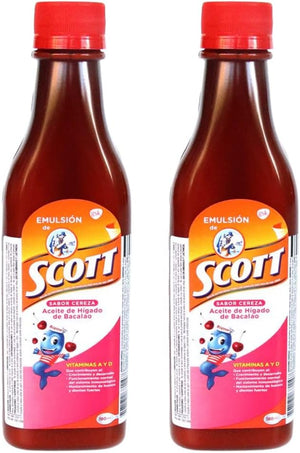 Emulsion De Scott 180 Ml Cod Liver Oil with Vitamin A, D Calcium Dietary Supplement for Kids and Children 2 Pack (Cherry, Frutas Tropicales, Tradicional) (Cereza (Cherry))