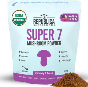 La Republica SUPER 7 USDA Organic Mushroom Powder (Lion'S Mane, Chaga, Reishi, Cordyceps, Maitake, Shiitake, Turkey Tail, Mushroom Supplement, Vegan, No Fillers (3 Oz)
