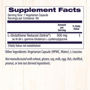 L-Glutathione (Setria) Reduced, 500 Mg - Immune Support Supplement - Collagen & Antioxidant Support - Gluten-Free Supplement - 60 Veggie Capsules