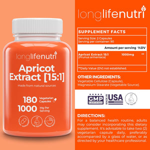 Apricot Extract - Advanced Formula, 1000Mg per Serving, 180 Vegetarian Capsules for Natural Vitality, 3-Month Supply, Organic from Prunus Armeniaca - 15:1, Made in USA, Lab Tested, Non-Gmo