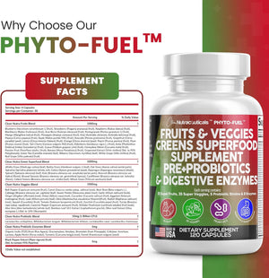 Clean Nutraceuticals Fruits and Veggies Supplement Reds & Green Superfood - Balance of over 70 Fruit & Vegetable Supplements Capsules with Probiotics Prebiotics Digestive Enzymes - 120 Ct USA