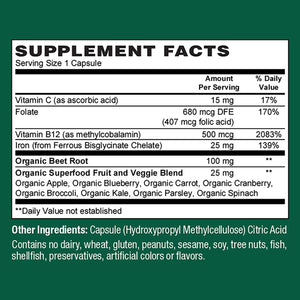 Plantfusion Vegan Iron Supplement for Women & Men - Gentle Plant-Based Iron with Vitamin C, Methyl B12, Folate - Non-Constipating, Wholefood Iron Pills for Energy, Anemia & Blood Support, 60 Capsules