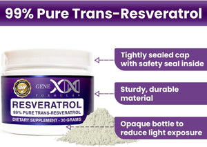 GENEX Trans Resveratrol 1000Mg Serving 99% Pure Micronized Pharmaceutical Grade Trans-Resveratrol Powder 30 Servings or 30Grams 1Gram per Day 30-Day Supply Made in a GMP & NSF Certified Facility
