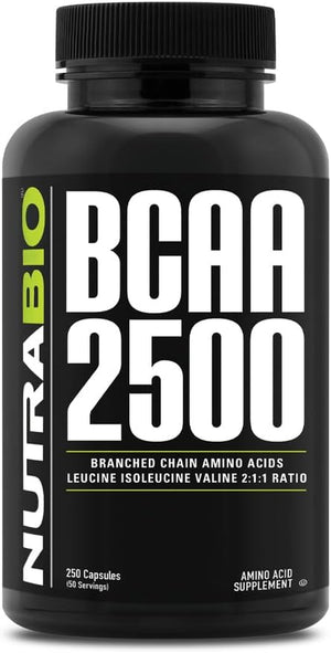 Nutrabio – BCAA 2500 – Branched Chain Amino Acids – Support New Muscle Growth and Prevent Muscle Breakdown – 250 Capsules