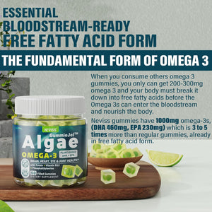 Vegan Omega 3 Gummies 1000Mg, Sugar Free Omega 3 Fish Oil Supplements Alternative, from Marine Algae Oil plus DHA 460Mg & EPA 230Mg, Vitamin B12, Folate for Brain, Bone, Joint, Eye & Immunity, 120 Cts