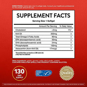 Krill Oil 350Mg Omega 3 Supplement with EPA, DHA, Astaxanthin & Phopholipids, Supports Heart, Brain, Joint and Eye Health, No Fish Oil Aftertaste - 130 Softgels (130 Servings)