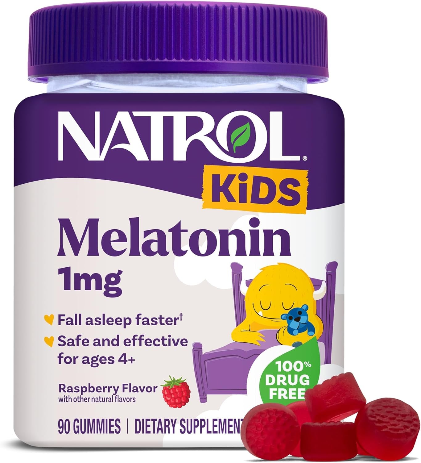Natrol Kids Melatonin Gummies 1Mg, Children'S Melatonin for Restful Sleep, 90 Raspberry-Flavored Sleep Gummies, 90 Day Supply