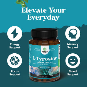 Free Form L Tyrosine 500Mg Capsules - High Strength L-Tyrosine Supplement for Mental Energy and Focus Support - Amino Acid Nootropic Supplement for Mood Focus Attention and Cognitive Performance