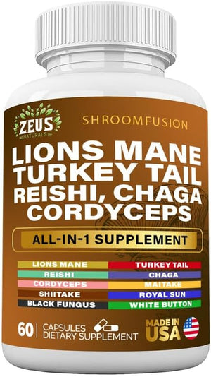Lions Mane Capsules, Mushroom Supplement with Turkey Tail, Cordyceps Reishi Chaga, Alt to Mushroom Gummies or Mushroom Coffee, Made in USA (60 Count)