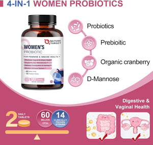 Probiotics-For-Women, Probiotics and Prebiotics, Cranberry and D-Mannose, 50-Billion-Cfus, Organic Probiotics for Digestive Health/Gut Health/Immune Booster/Weight Management, Women'S Probiotics