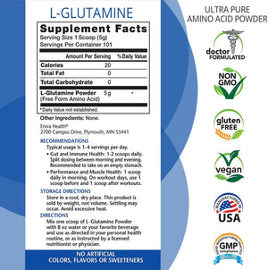 L-Glutamine Pure Powder, Unflavored (101 Servings) | Vegan, Gluten-Free, Sugar-Free, Non-Gmo | Doctor-Formulated, USA Made | Gut Health, Leaky Gut, Bloating, Muscle Health, Immune System