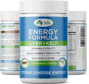 GRASSLAND NUTRITION Grass Fed Beef Liver with Wild Harvested Kelp 100% Organically/Halal Sourced 2-In-1 Energy Formula — Natural B12, Iodine, Iron & Vitamin a (180 Capsules)