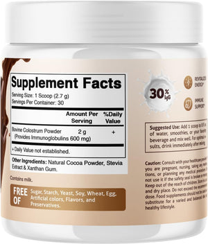 Vitamatic Bovine Colostrum Powder - Supplement for Gut Health, Hair Growth, Beauty, Muscle Recovery, & Immune Support - Easy to Mix - 30 Servings (Unflavored) (30 Servings, Chocolate)