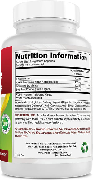 L-Arginine NO Booster Triple Strength 1300 Mg Serving 120 Veg Capsules (120 Count (Pack of 1))