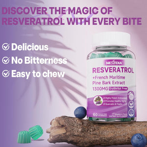 Resveratrol Supplement 1000Mg - Sugar Free Resveratrol Gummies W/Pine Bark Extract, Quercetin, Fisetin & Grape Seed for Antioxidant, Heart, Healthy Aging & Brain, 98% Pure Trans Resveratrol, 60 Cts