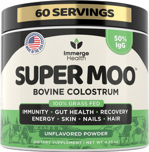 Super Moo Grass Fed Bovine Colostrum Powder | Gut Health, Muscle Recovery, Energy, Hair, Skin and Immune Supplement | 50% Igg Pure Bovine Colostrum for Humans | Superfood, Gluten Free, Unflavored.