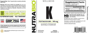 Nutrabio Potassium Complex, Potassium Supplement for General Heart, Bones, Muscles & Digestion, 99Mg - 120 Vegetable Capsules