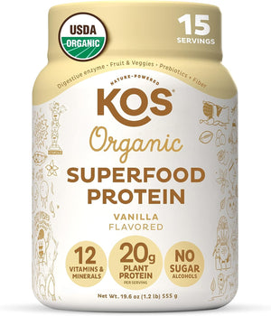 KOS Vegan Protein Powder Erythritol Free, Vanilla - USDA Organic Pea Protein Blend, Plant Based Superfood Rich in Vitamins & Minerals - Keto, Dairy Free - Meal Replacement for Women & Men, 15 Servings