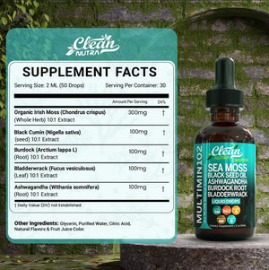 Clean Nutraceuticals Sea Moss Liquid Drops Supplement with Black Seed Oil Ashwagandha Burdock Root & Bladderwrack - Multimineral Organic Non-Gmo Vegan for Gut Heath Skin Immune Support Hair