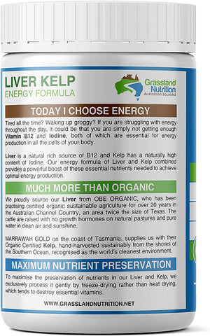 GRASSLAND NUTRITION Grass Fed Beef Liver with Wild Harvested Kelp 100% Organically/Halal Sourced 2-In-1 Energy Formula — Natural B12, Iodine, Iron & Vitamin a (180 Capsules)