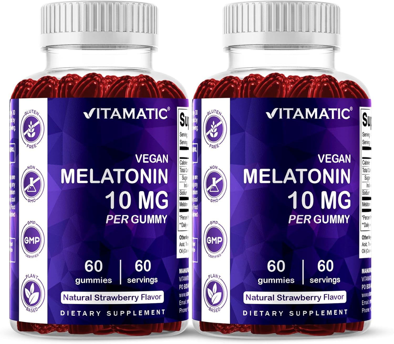 Vitamatic Melatonin 10 Mg Vegetarian Gummies – Non-Habit Forming – 60 Gummies per Bottle – 2-Pack (Total 120 Vegan Gummies)
