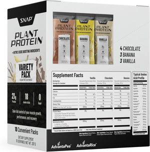 Snap Supplements 100% Plant Based Protein Powder Stick Packs with Nitric Oxide Booster (10 Pack, Variety Pack)