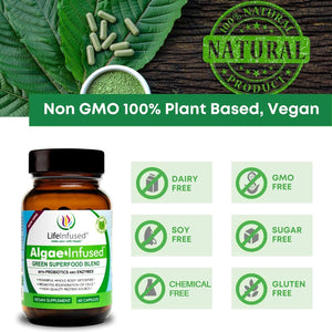 Life Infused Algae Infused - Premium Green Superfood Blend, Spirulina, Chlorella, Probiotics & Enzyme for More Energy, Digestion, Detox & Immune Support: 60 Caps