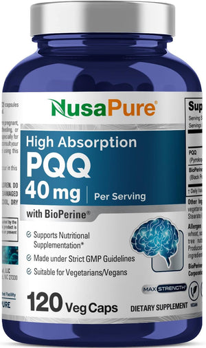 Nusapure PQQ Supplement 40 Mg, 120 Veggie Capsules, Non-Gmo, Pyrroloquinoline Quinone Disodium Salt, Bioperine