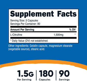 L-Citrulline 1500Mg, 180 Capsules - 750Mg per Capsule, Gluten Free, Non-Gmo, Packaging May Vary