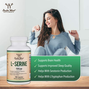 L-Serine Capsules (Third Party Tested) - 2,000Mg Servings Used in Clinical Study, 180 Count, 500Mg per Capsule (L Serine Amino Acid for Serotonin Production and Brain Support) by Double Wood