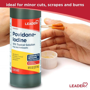 Leader Povidone Iodine 10% Prep Solution USP, First Aid Antiseptic Wound Cleanser, Wound Wash, Antiseptic Soap (8 Fl Oz, Pack of 2)