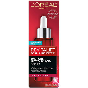 L'Oreal Paris Revitalift 10% Pure Glycolic Acid Face Serum, Visibly Evens Tone & Reduce Wrinkles, Fragrance Free 1.0 Fl Oz (30Ml)