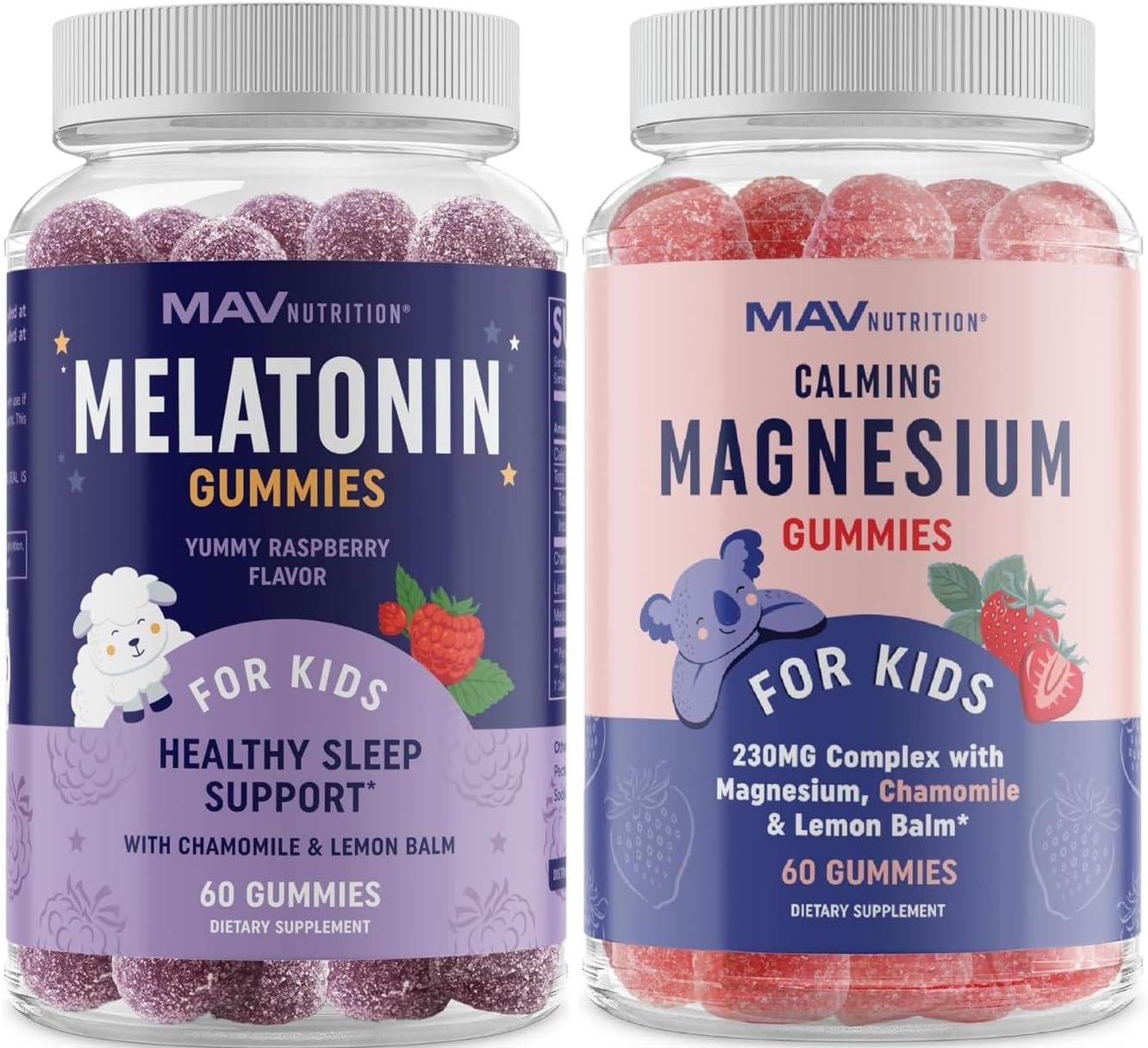 Magnesium Calming Gummies and Melatonin Gummies for Kids | Relaxation, Sleep & Wake-Sleep Cycle Support with Chamomile & Lemon Balm | 60 Gummies Each