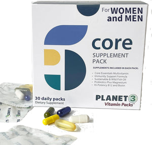 Planet 3 Vitamin Packs, Energy, Immune & Heart Support with Multivitamin, Vitamin D, Probiotics, Biotin, B12, Omega 3, Lutein - Daily Vitamins for Both Men & Women, Core Supplements, 30 Daily Packs
