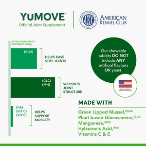 Yumove Adult Dog Tablets | Hip and Joint Supplement for Dogs with Glucosamine, Chondroitin, Hyaluronic Acid, Green Lipped Mussel | Dogs Aged 6 to 8 | 120 Count Tablets, Treat Colored