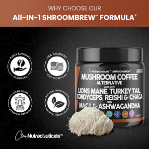 Clean Nutraceuticals Mushroom Coffee Alternative Mix - Maca Coffee with Lions Mane Mushroom, Cordyceps & Ashwagandha - Cacao Based with Maca Root, Turkey Tail, Chaga & Reishi Mushroom - USA Made