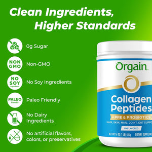 Hydrolyzed Collagen Peptides + Prebiotic & Probiotics Powder for Women & Men, 20G Grass Fed Collagen, 1 Billion CFU - Supports Digestive, Hair, Skin & Joint Health, Non-Gmo, Type I & III, 1Lb