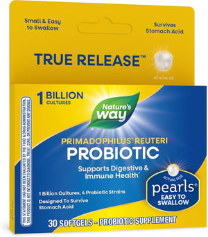 Nature'S Way Primadophilus Reuteri Probiotic Pearls for Men and Women, Digestive and Immune Health*, 1 Billion Culture, 4 Probiotic Strains, Survives Stomach Acid, 30 Softgels (Packaging May Vary)