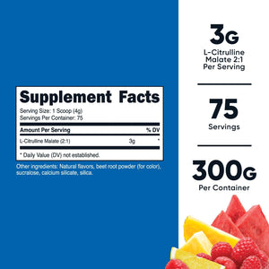 L-Citrulline Malate 2:1 (300G) Fruit Punch - Workout Support, Muscle Performance, Nitric Oxide Booster - Fitness Supplement Powder, 75 Servings