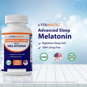 Vitamatic Advanced Sleep Aid with Melatonin - 120 Vegetable Capsules Made with B6, Magnesium, L-Theanine, L-Tryptophan, 5-HTP, GABA, Valerian, Chamomile, Passion Flower, Ashwagandha & Black Pepper