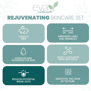 Eva Naturals Rejuvenating Skin Care Set - Exfoliate, Replenish & Moisturize with Vitamin C plus Serum, Bee Clean Cleanser, Eye Gel, Face Moisturizer & Toner - Perfect Facial Cleanser Bundle