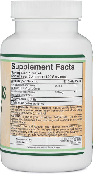 Lactobacillus Salivarius Oral Probiotics - Vanilla Tablets for Dental Health, Teeth, and Gums - Extreme Bad Breath Treatment for Adults (120 Count, 2 Billion Cfus per 20Mg Tablet) by Double Wood