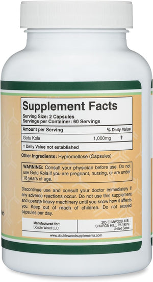 Gotu Kola Capsules (Centella Asiatica) 1,000Mg of per Serving (120 Capsules) No Fillers, Vega, Safe, Non-Gmo, Gluten Free (Gotu Kola Extract for Relaxation and Cognitive Function) by Double Wood