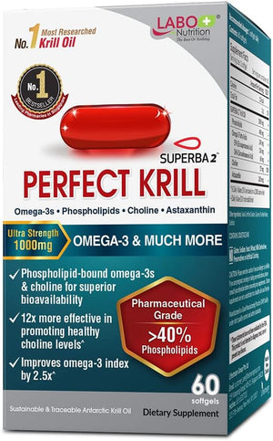 LABO Nutrition Perfect Krill 1000 Mg, Pure Ultra Strength Antarctic Krill Oil with Omega-3S, EPA, DHA, Phospholipids, Choline & Astaxanthin, Heart, Joint, Brain Support Supplement, 60 Softgels