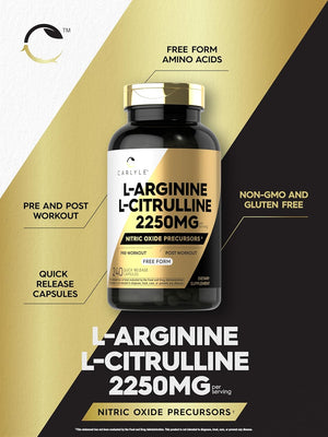 L-Arginine L-Citrulline Complex | 2250Mg | 240 Capsules | Nitric Oxide Precursors | Free Form | Non-Gmo & Gluten Free