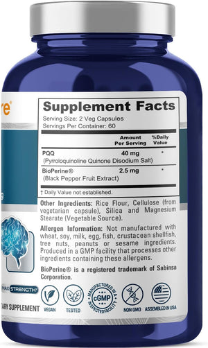 Nusapure PQQ Supplement 40 Mg, 120 Veggie Capsules, Non-Gmo, Pyrroloquinoline Quinone Disodium Salt, Bioperine