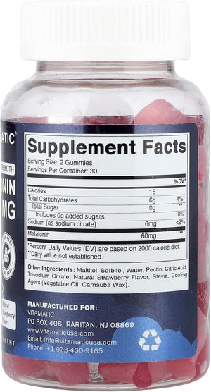 Vitamatic Sugar Free Melatonin 60 Mg - 60 Vegetarian Gummies - Non-Habit Forming Supplement